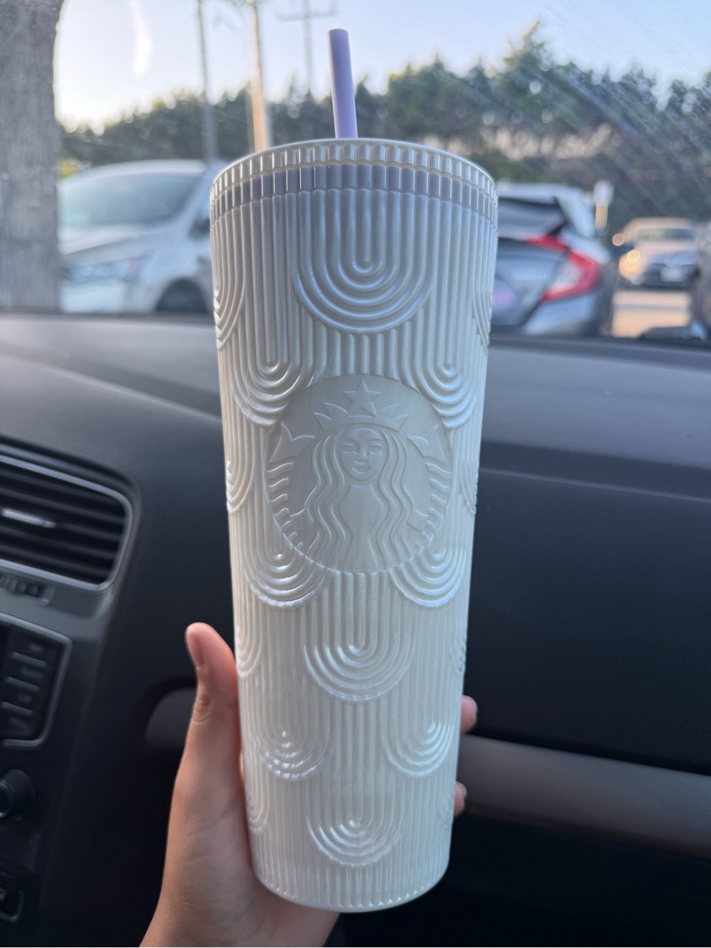 Starbucks Cream White Textured Tumbler with Lavender Straw